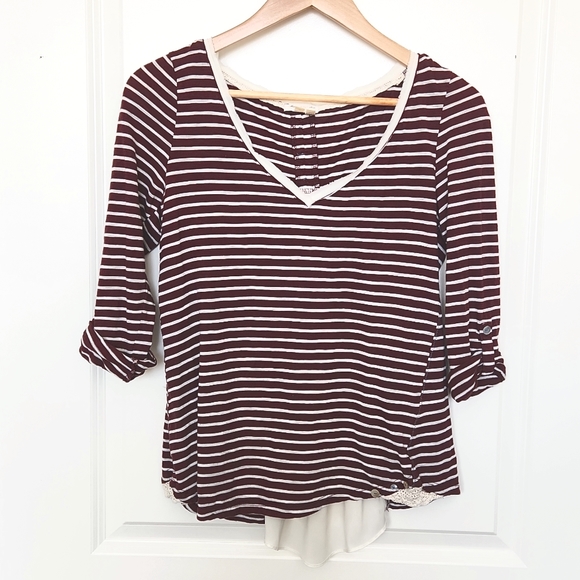 Meadow Rue medium red white striped 3/4 rolled sleeve lace shirt Anthro - Picture 1 of 5